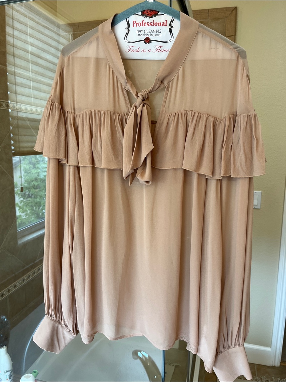 Sanctuary Beige Tie-Neck Ruffle Blouse